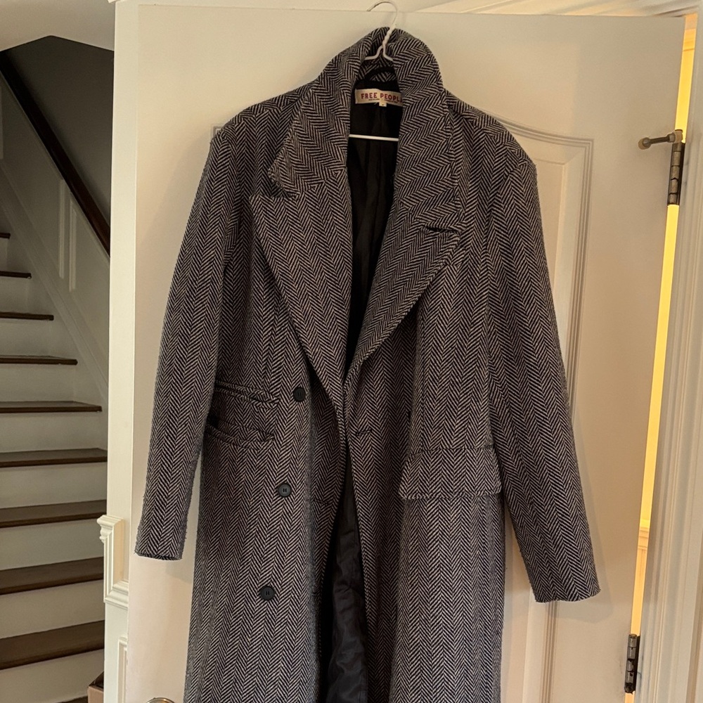 Free People women herringbone Wool-Blend Overcoat - Gray/Black